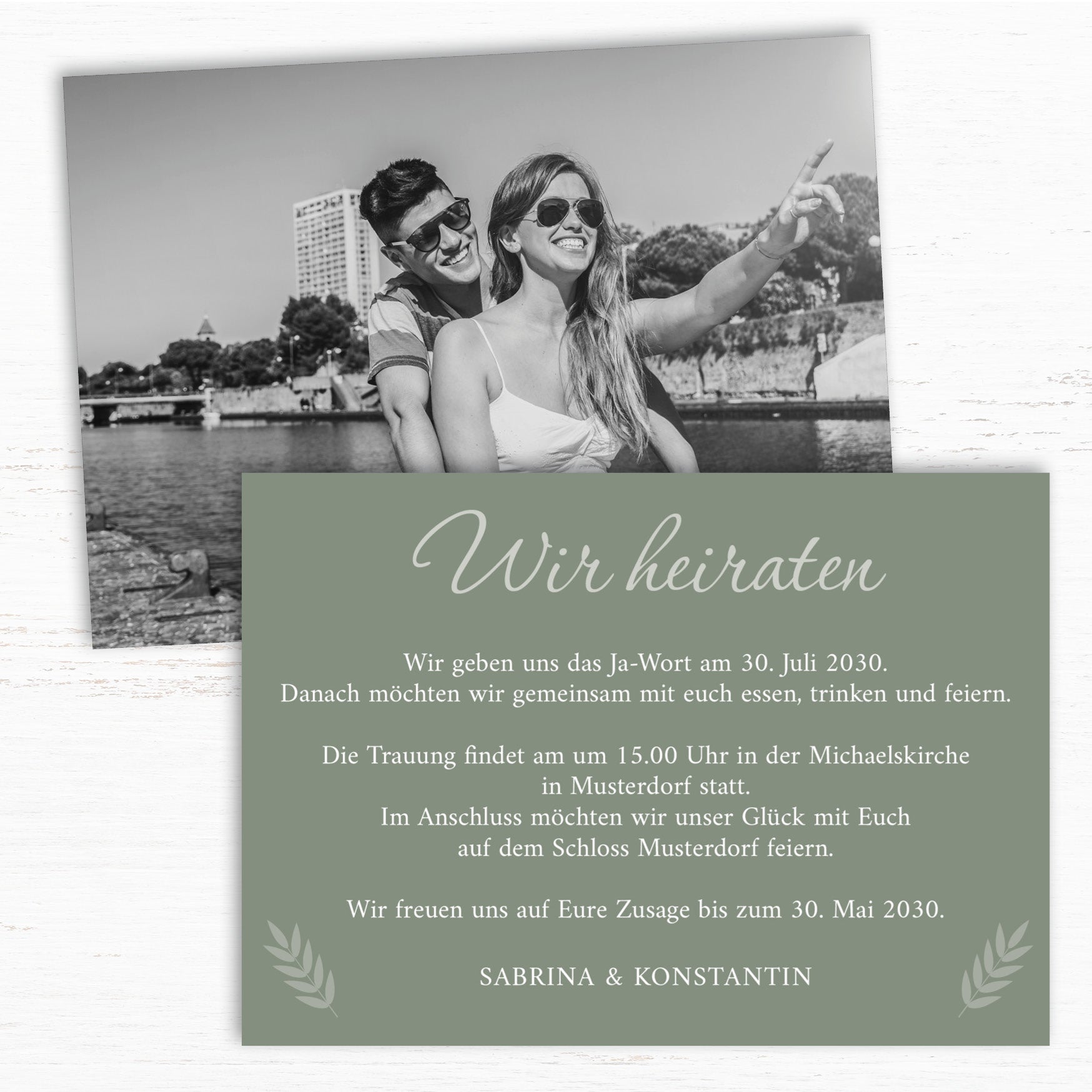 Einladung zur Hochzeit: Urlaubsfoto in Olive